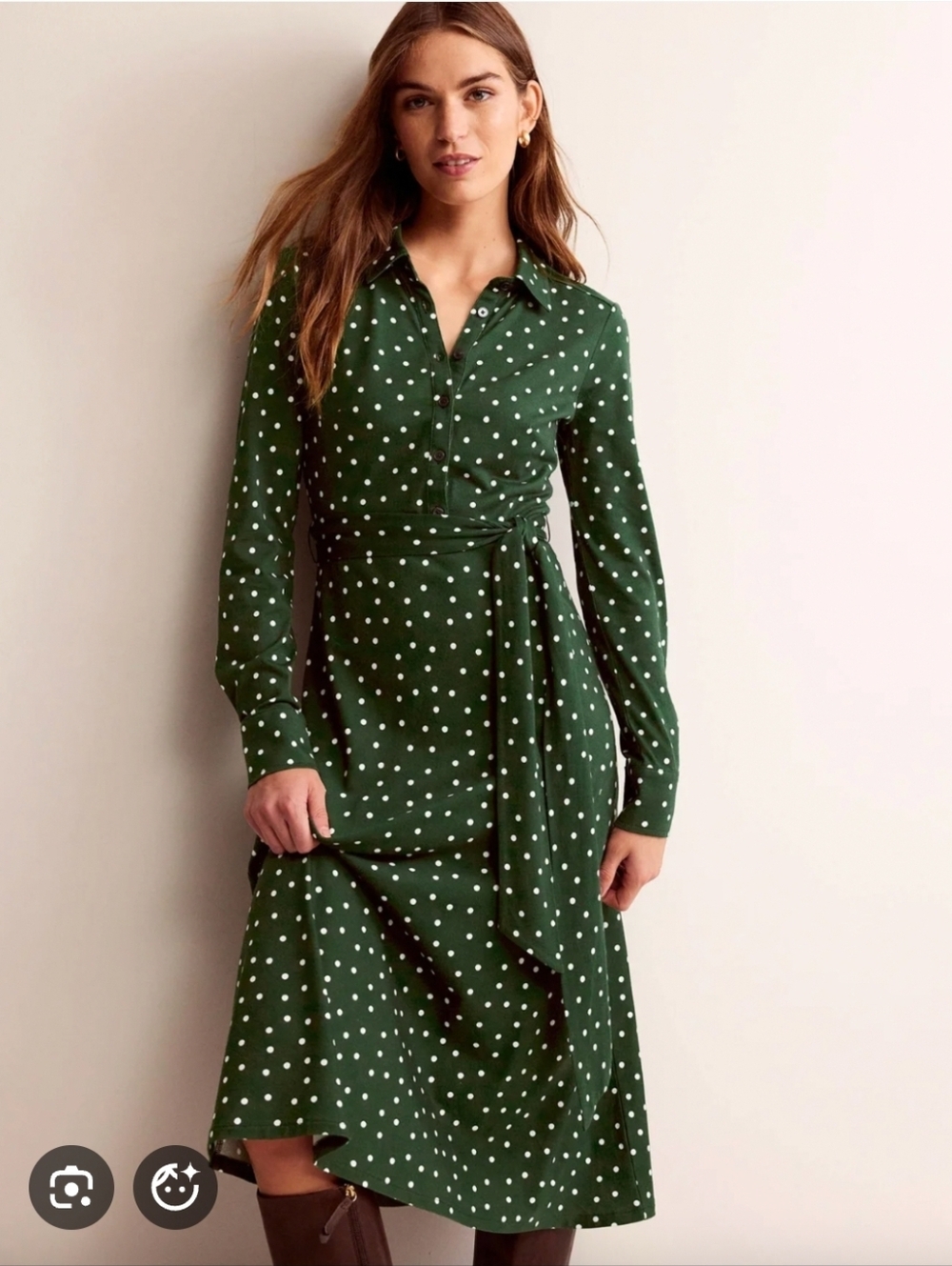 Boden Green Polka Dot Midi Shirtdress with Tie Waist - Size 14R - Picture 2 of 8